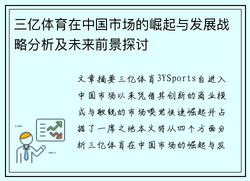 三亿体育在中国市场的崛起与发展战略分析及未来前景探讨